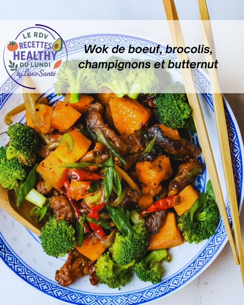 Wok de lanières de bœuf, brocoli, champignons et courge butternut au gingembre, recette Luxo’Santé Challans