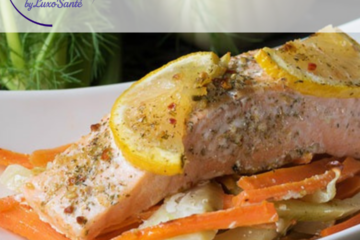 Papillote de saumon sur fondue de poireaux, citron, orange, patate douce et aneth, recette Luxo’Santé Challans
