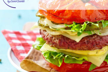 Burger de tomate sans pain, garni de steak haché et mimolette