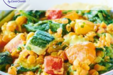 Curry de lentilles corail avec légumes colorés dans un bol blanc