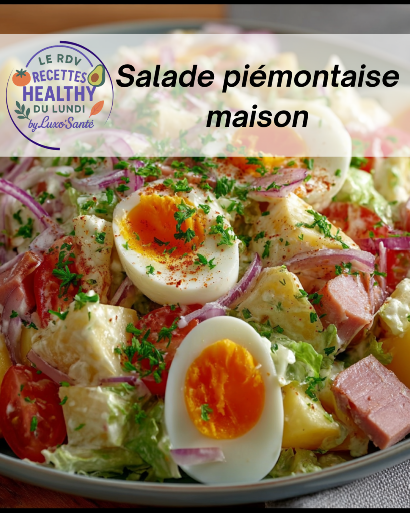 Salade piémontaise maison avec œufs mollets, jambon et légumes