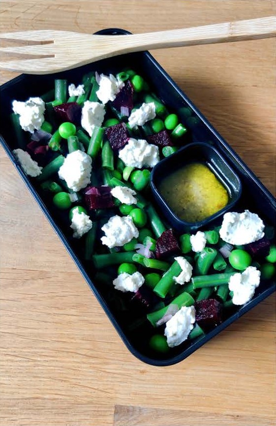 Lunch box printanière haricots verts, petits pois et brousse