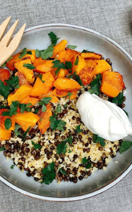 Boulgour, lentilles et butternut rôtie